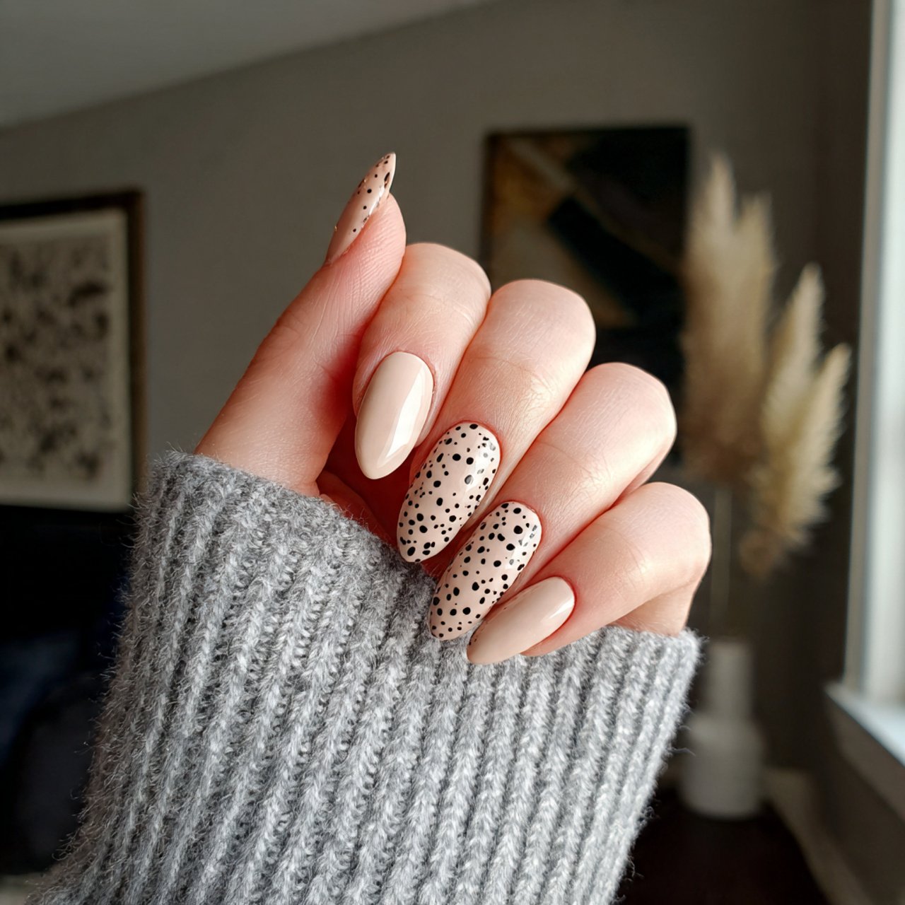 beige nails with black micro dots nails 1