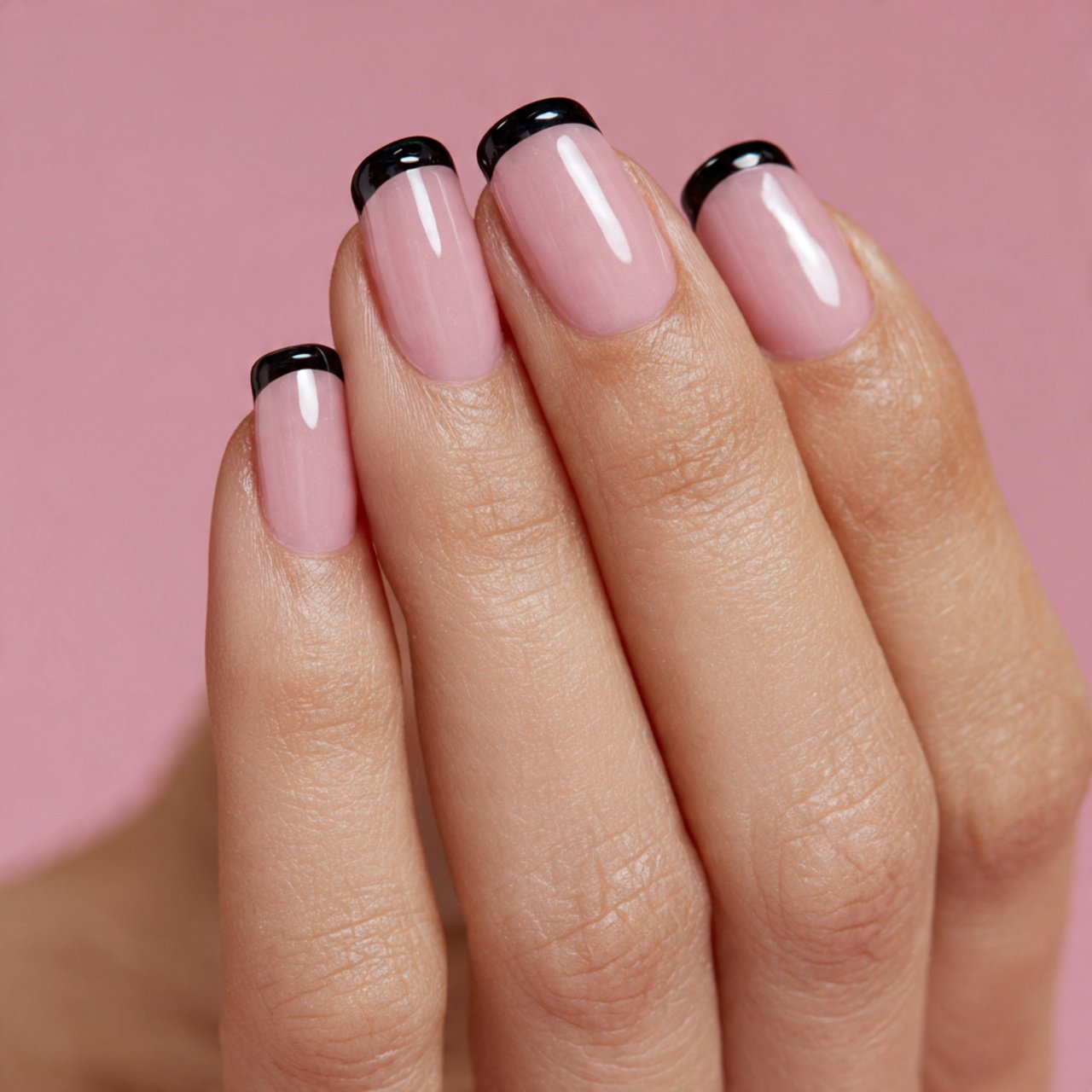 black micro french on a bare pink base nails