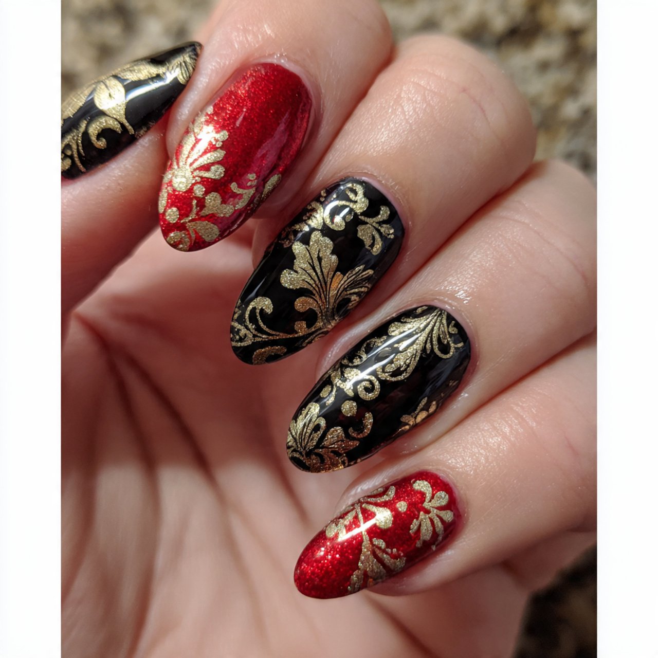 black red and gold luxe xmas nails