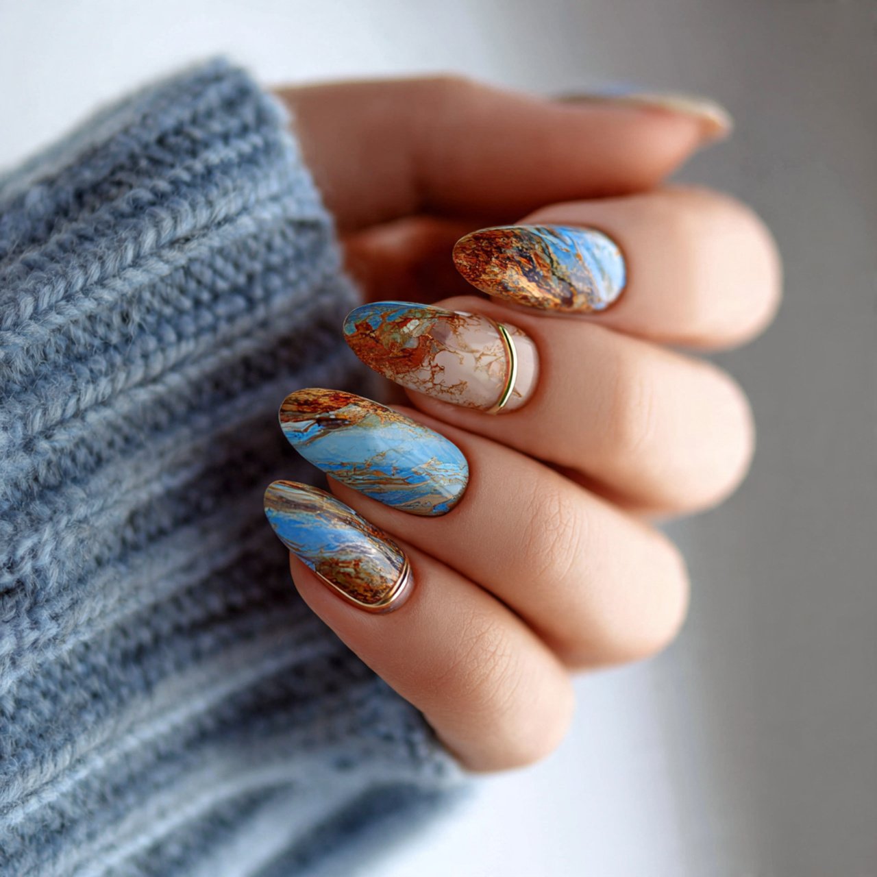 blue and brown marble nails