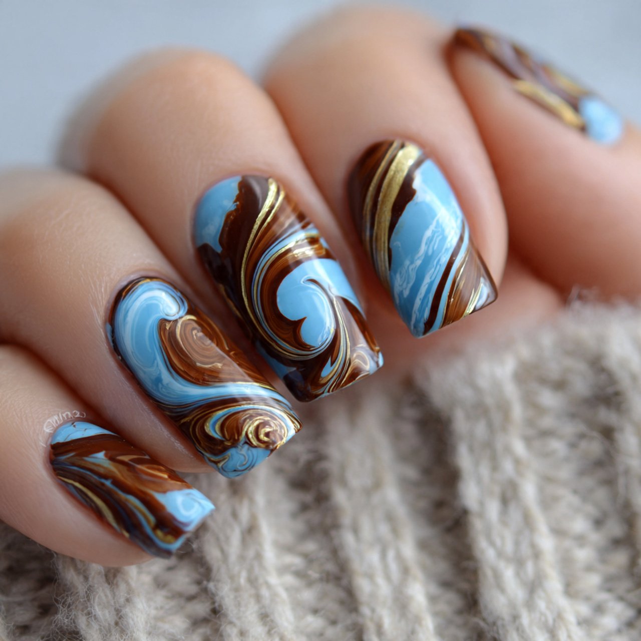 blue and brown swirl nails