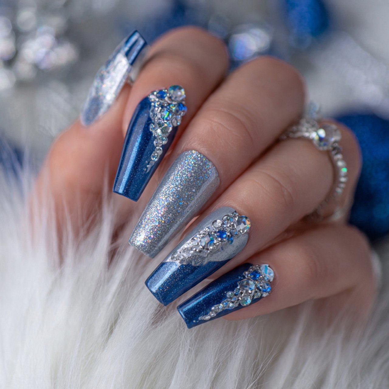 blue and silver acrylic nails