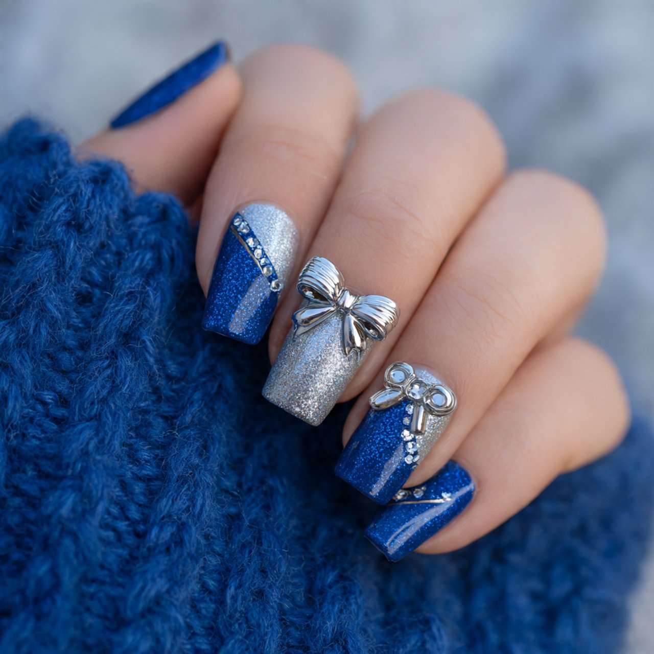 blue and silver bow accent nails