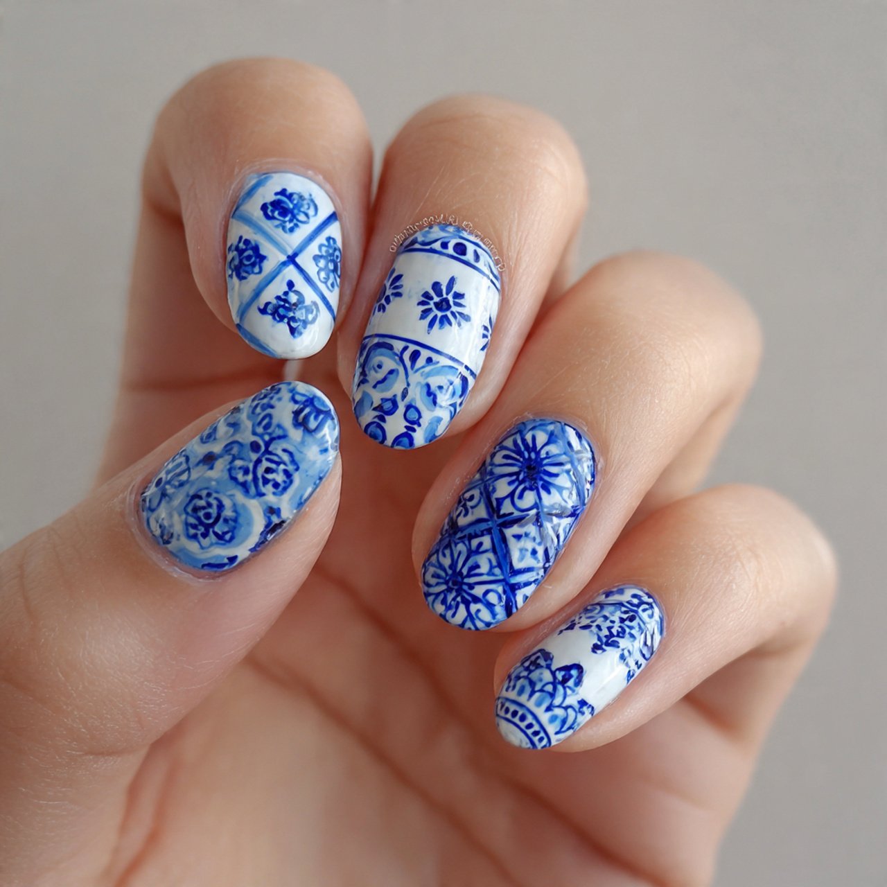 blue and white mediterranean tile nails