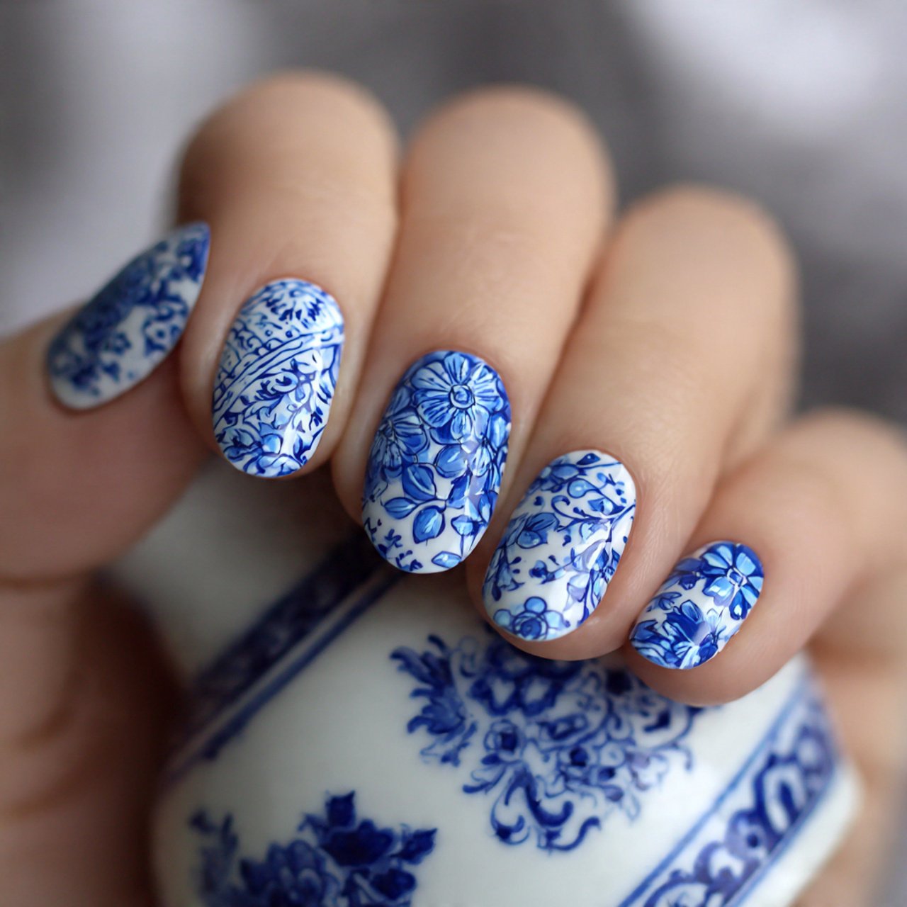 blue and white porcelain nails