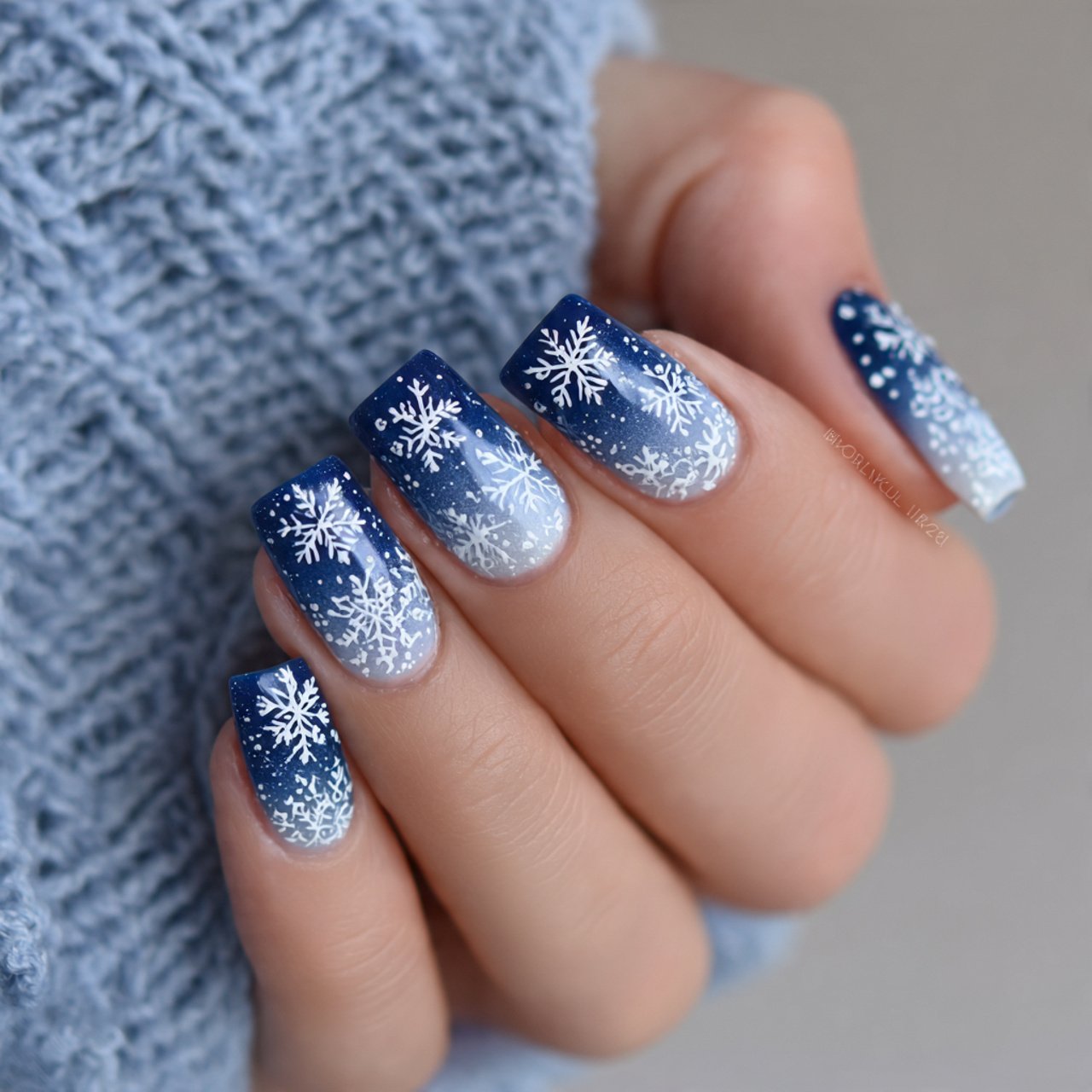 blue and white snowflake nails