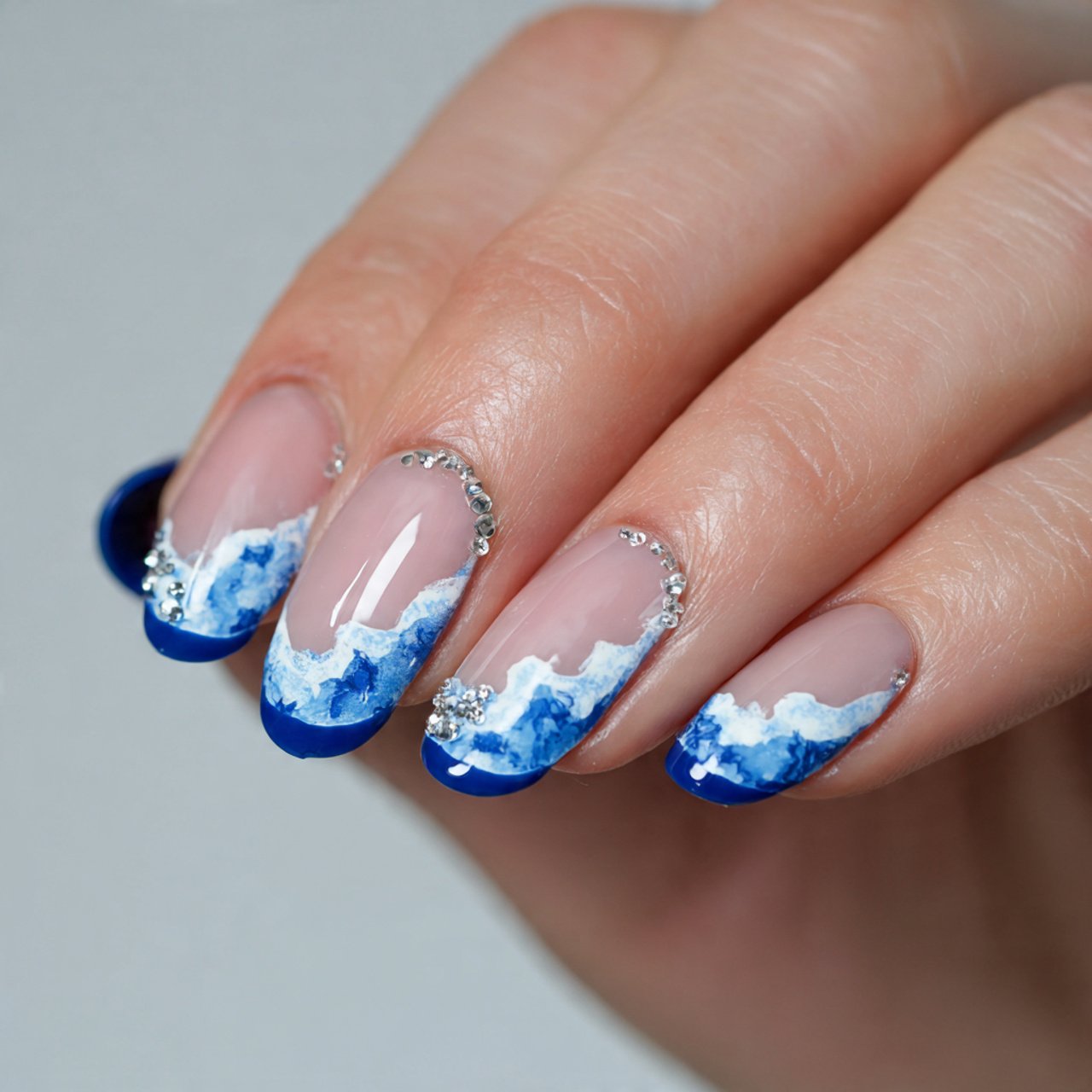 blue and white wave tip nails