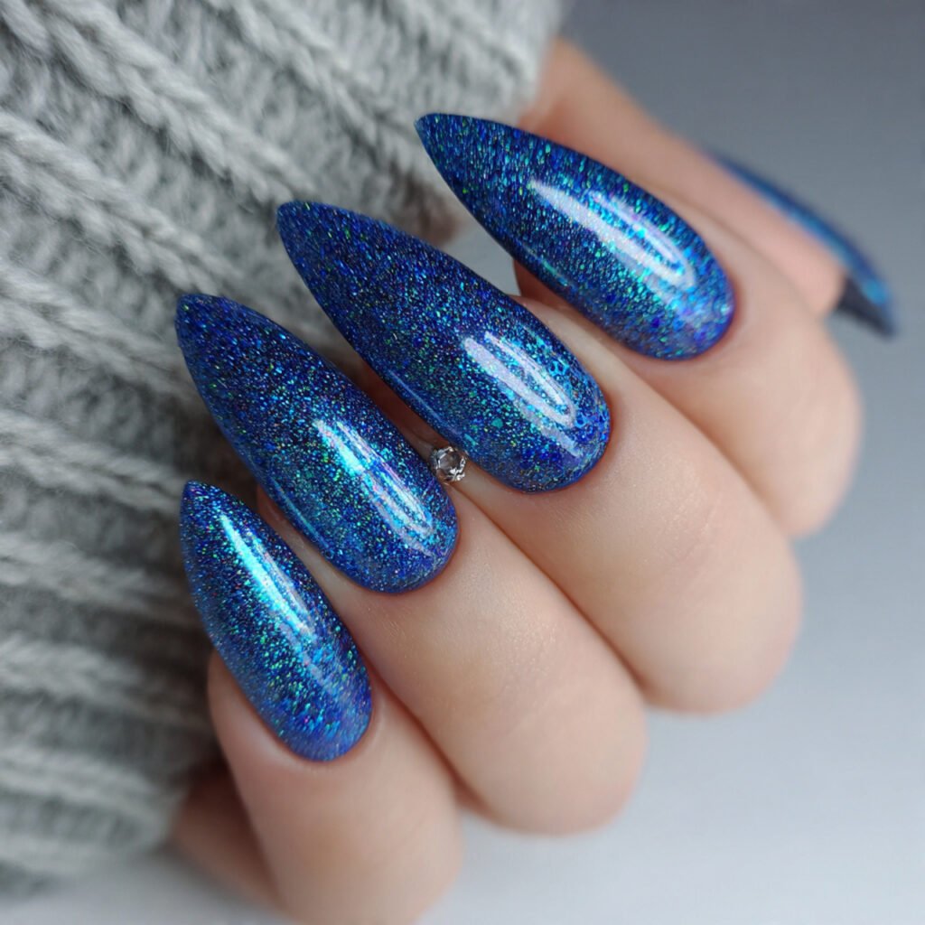 blue aura nails with chrome dust nails