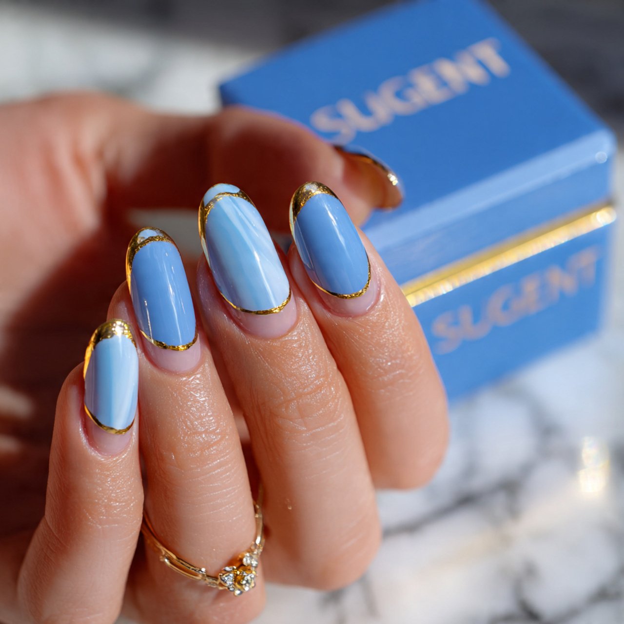 blue aura nails with gold outline nails
