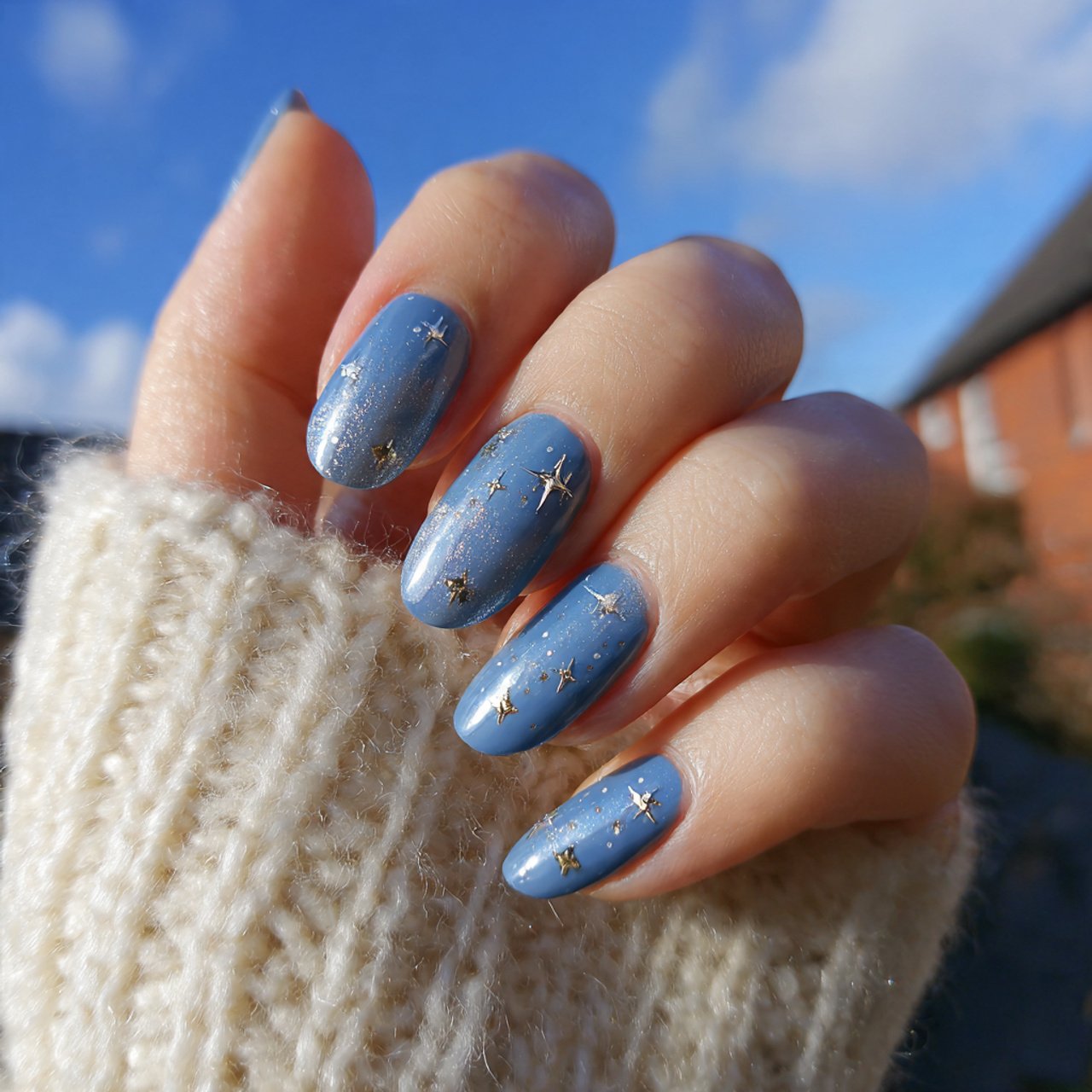 blue aura nails with tiny silver stars nails