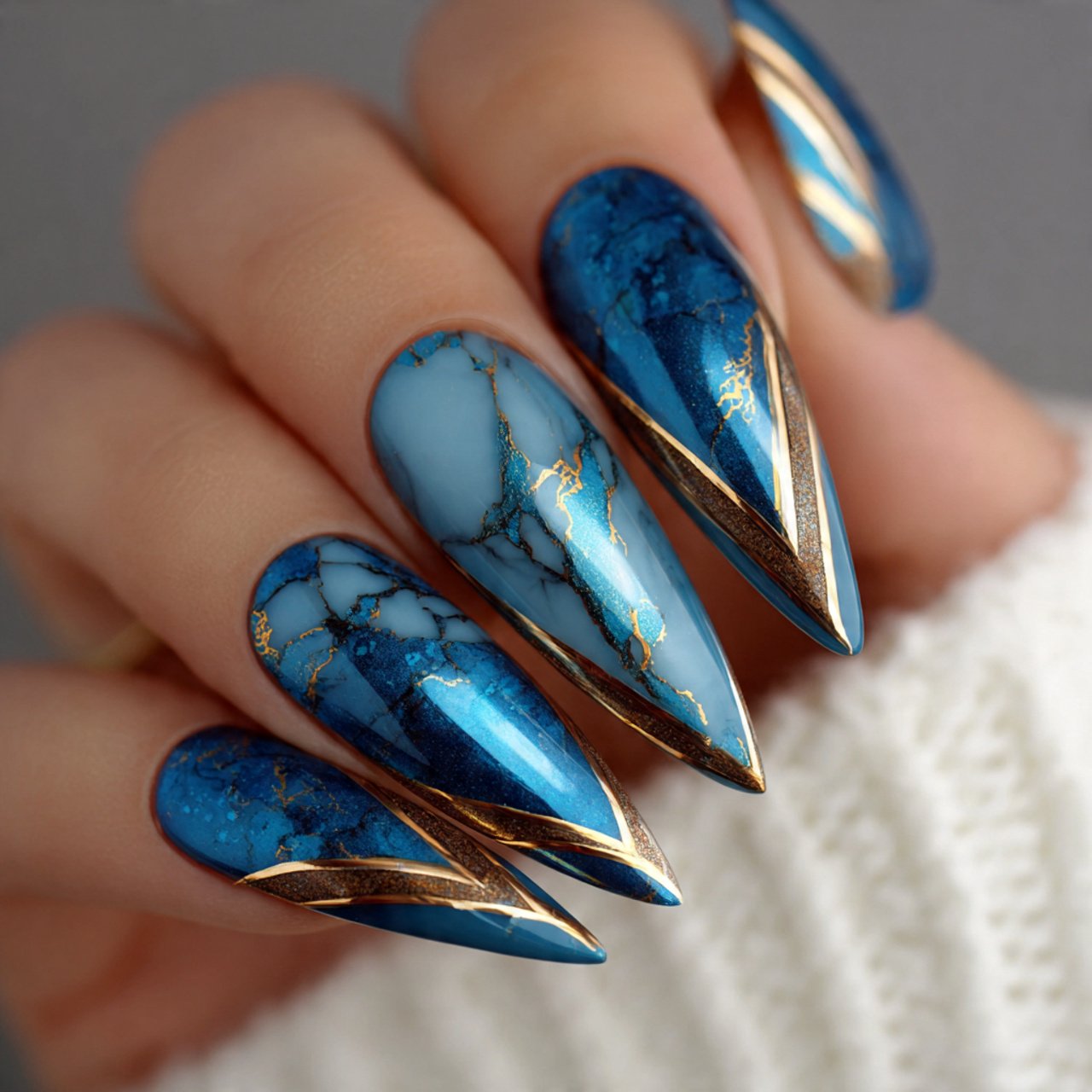 blue chrome and mocha accent nails