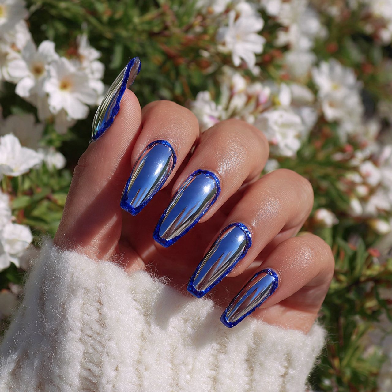 blue chrome french nails