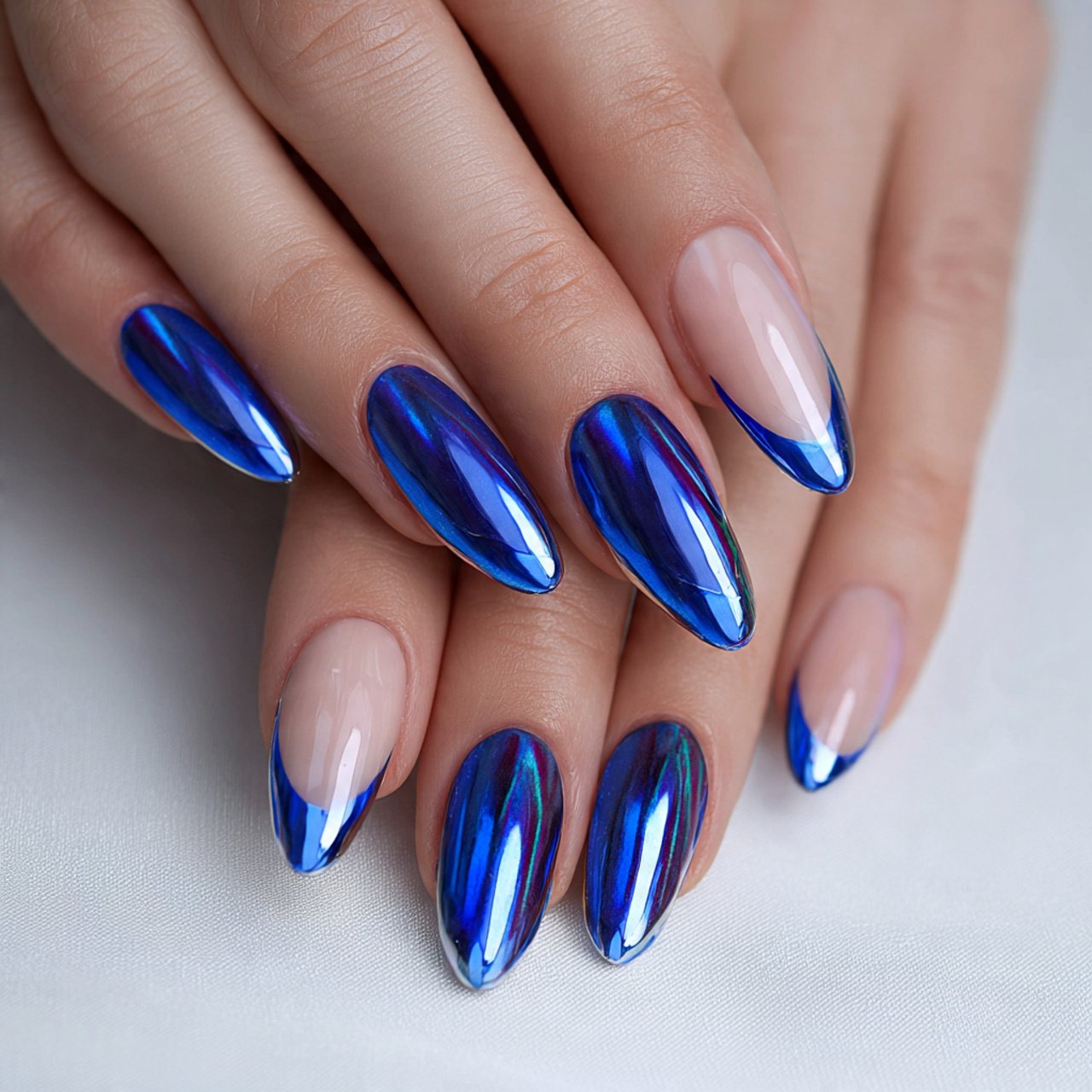 blue chrome french tip nails