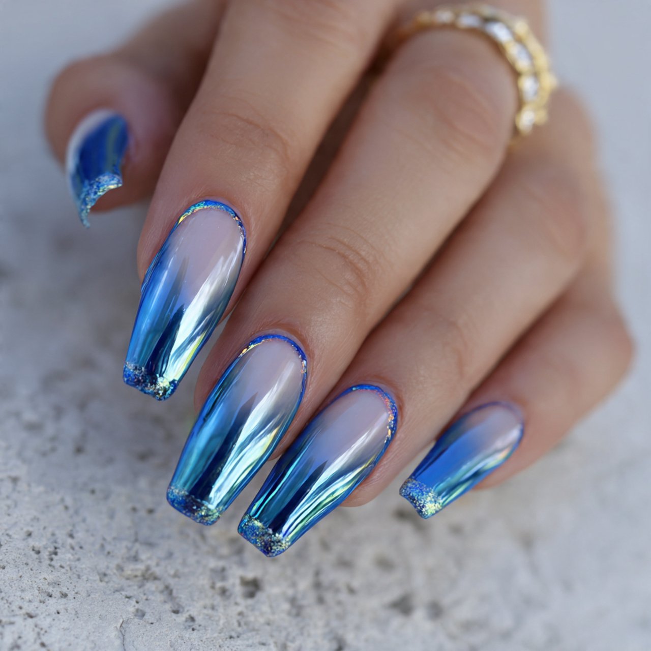 blue chrome french tips nails