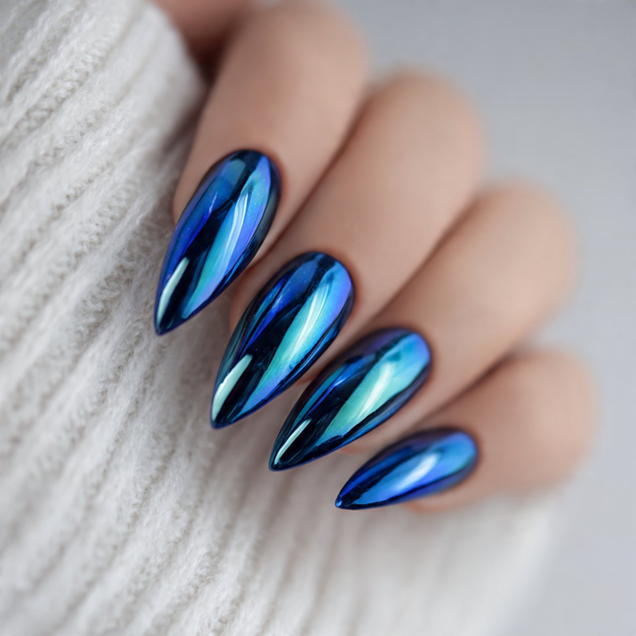 blue chrome nails with a milky base nails