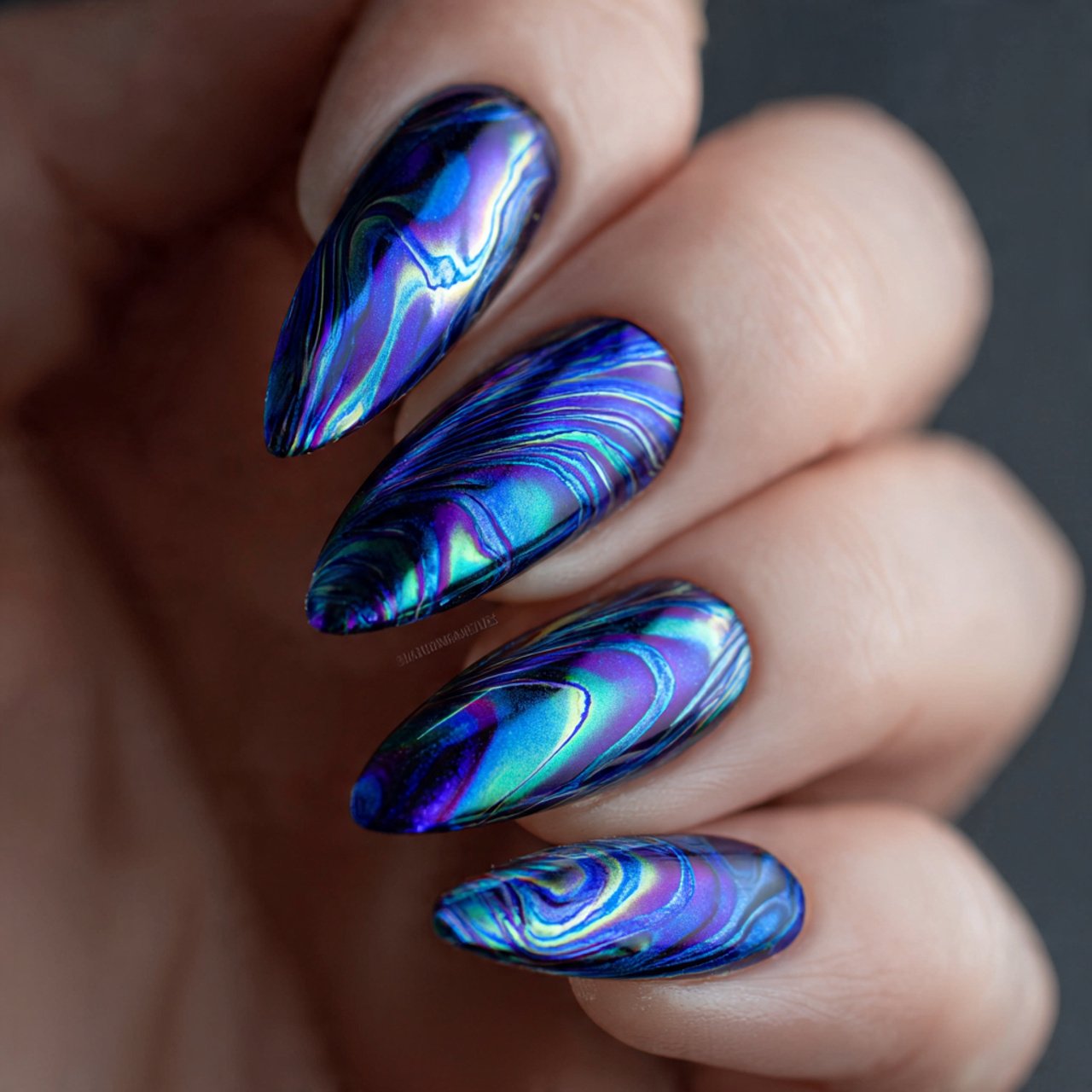blue chrome swirl accent nails