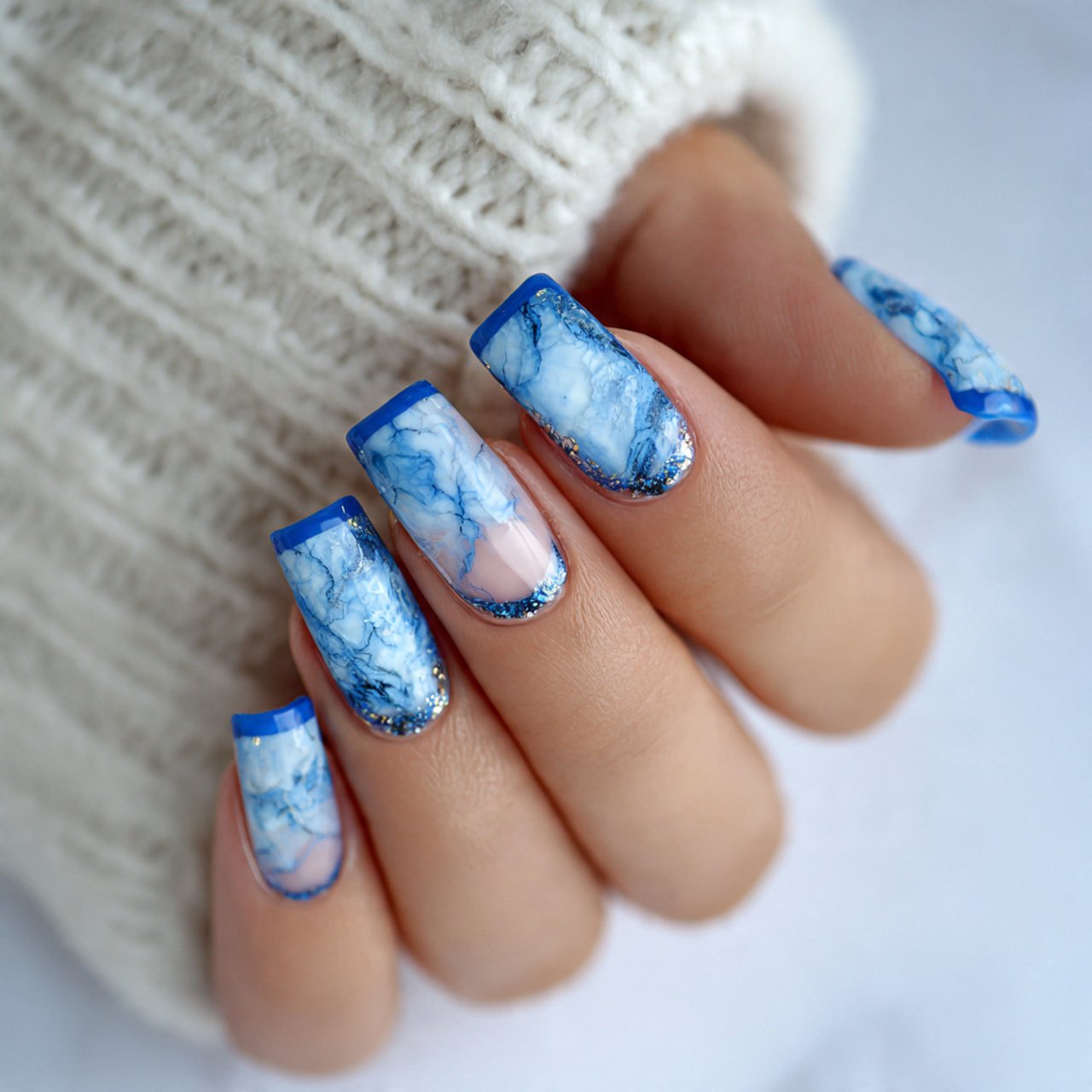 blue french nails with a milky base nails