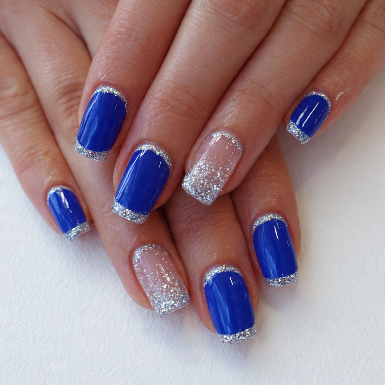 blue french nails with silver accents nails