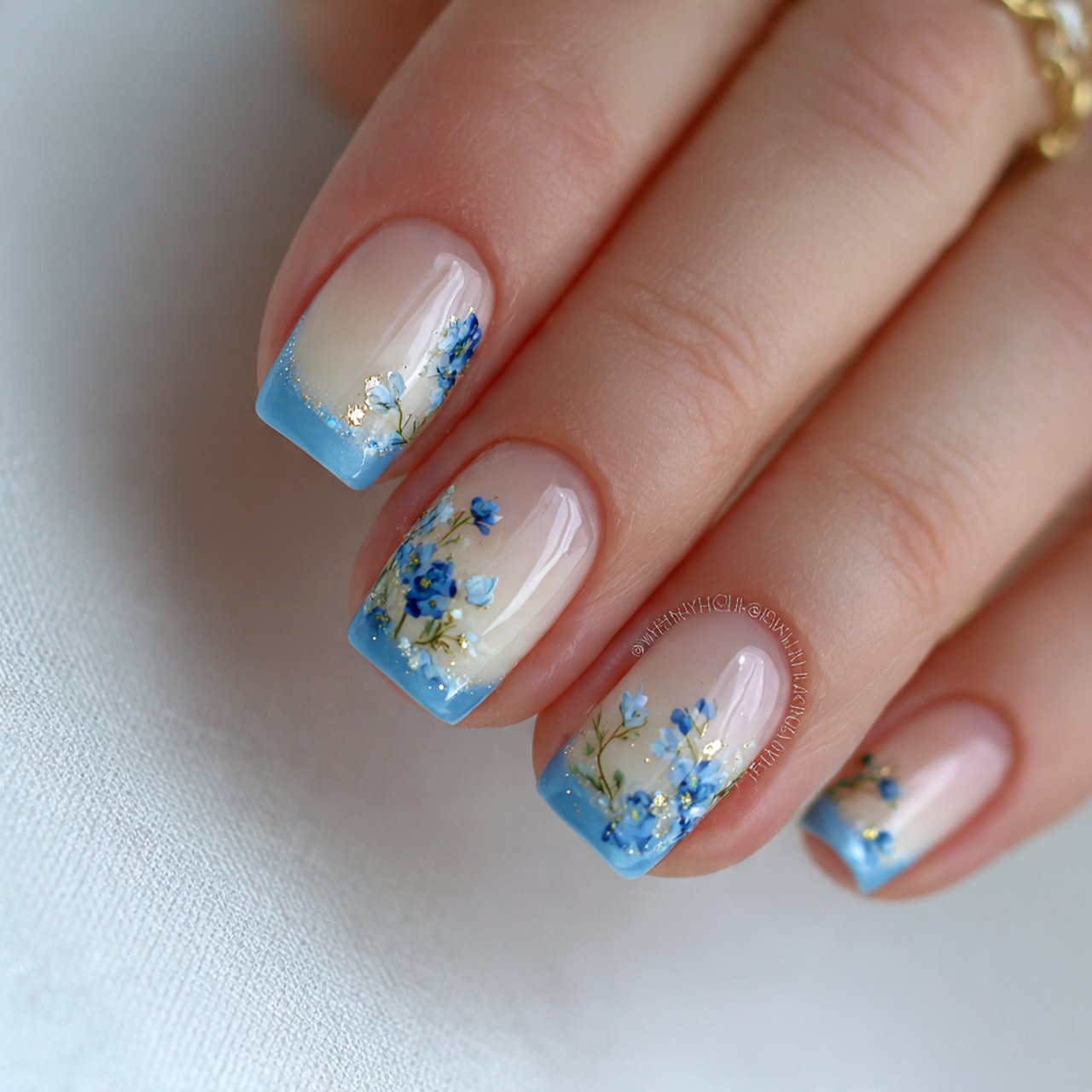 blue french nails with tiny florals nails