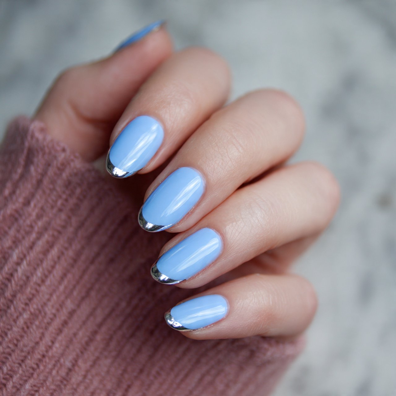 blue french tips with a silver line nails