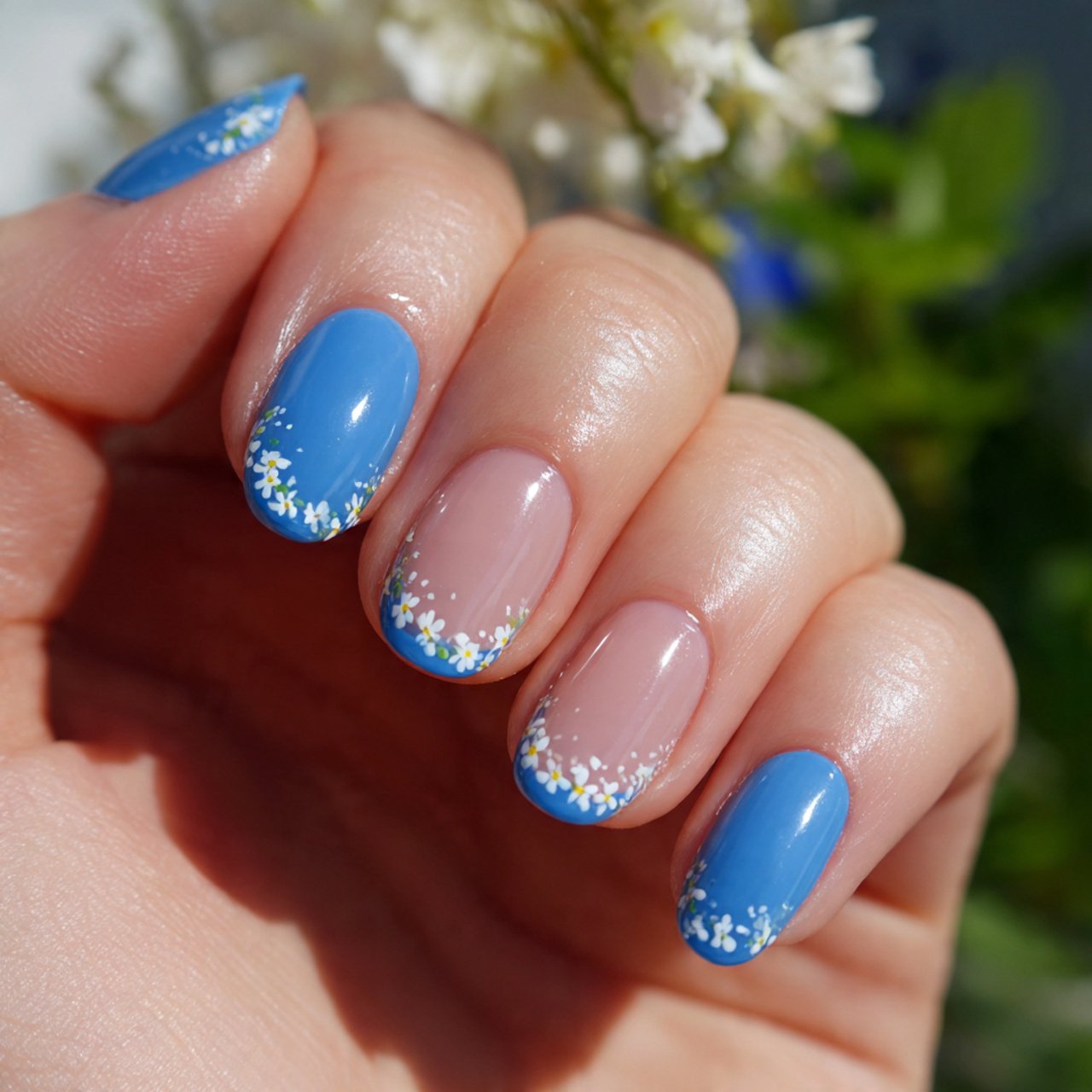 Blue French Tip Nails: 15 Salon-Worthy Ideas That Look Modern, Clean, and Wearable 9 blue french tips with tiny white florals nails