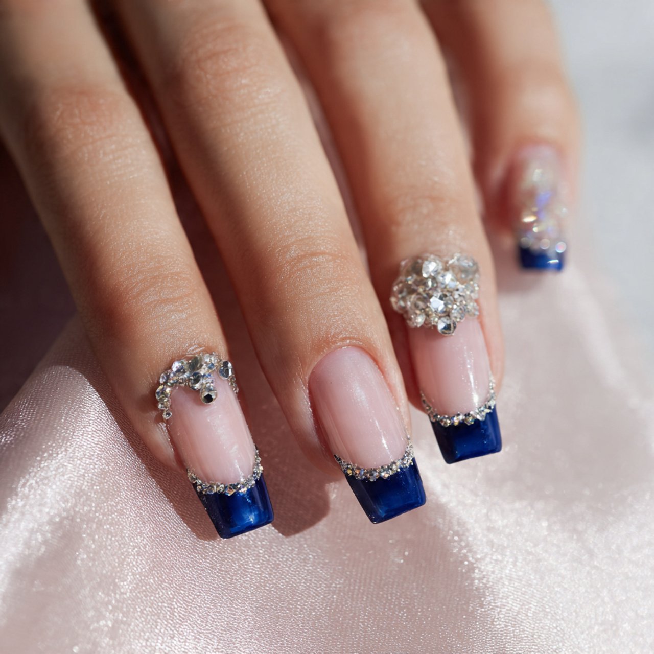 Blue French Tip Nails: 15 Salon-Worthy Ideas That Look Modern, Clean, and Wearable 13 blue french with crystal accent nails