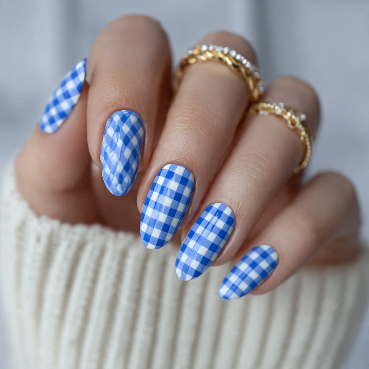 Blue and White Nails: 15 Elegant, Wearable Designs That Still Feel Fresh 11 blue gingham and white accent nails