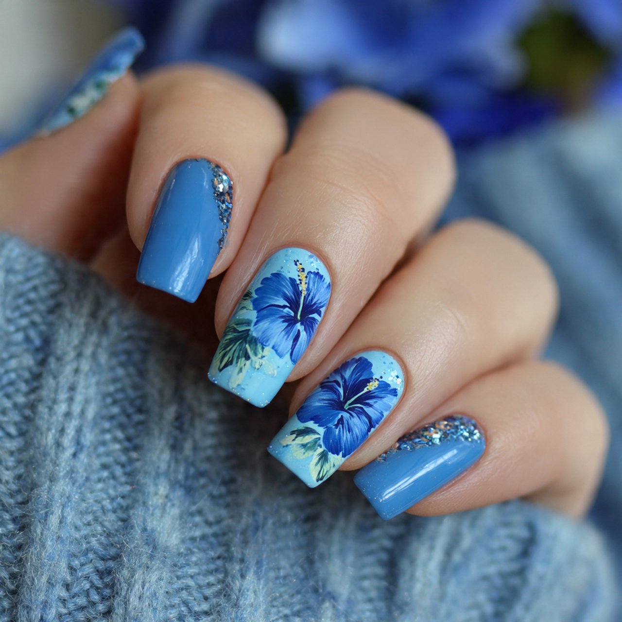 blue hibiscus accent nails