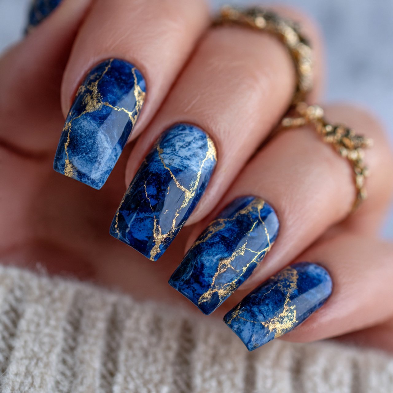 blue marble nails with gold veining nails