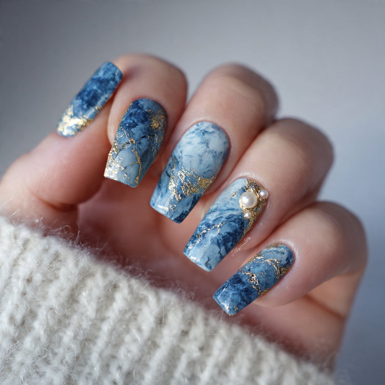 blue marble nails with pearl accents nails