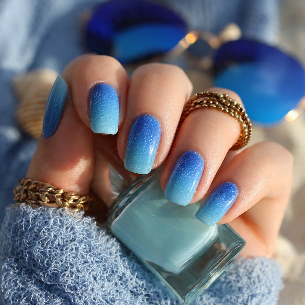 blue ombr beach fade nails