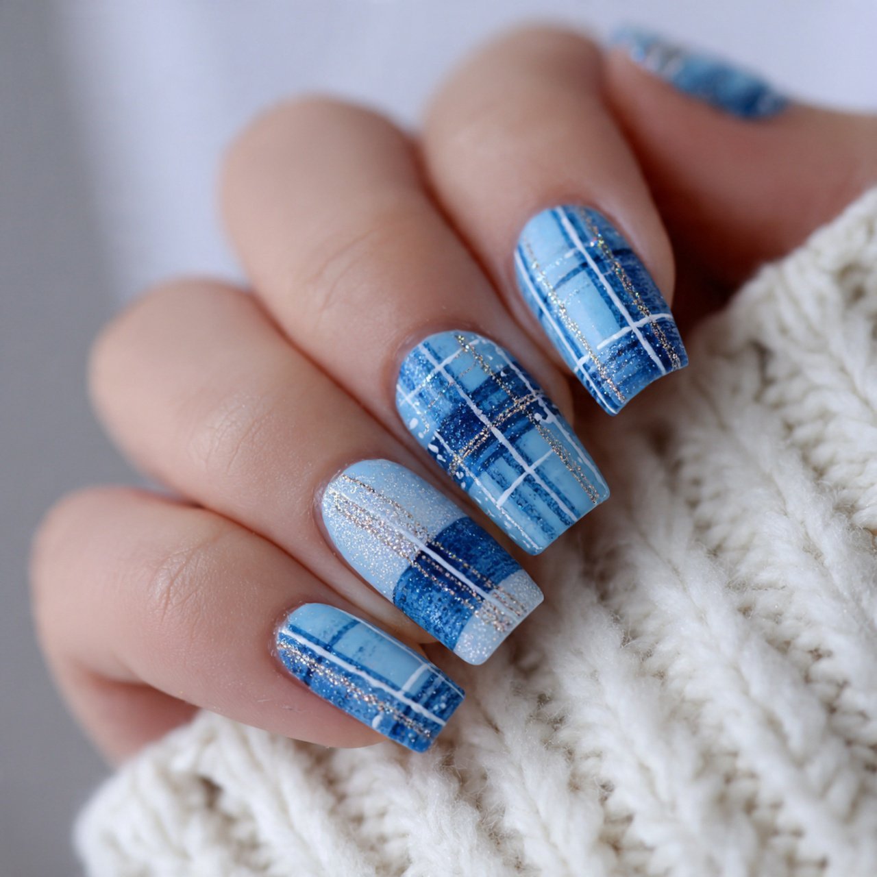 blue plaid christmas nails