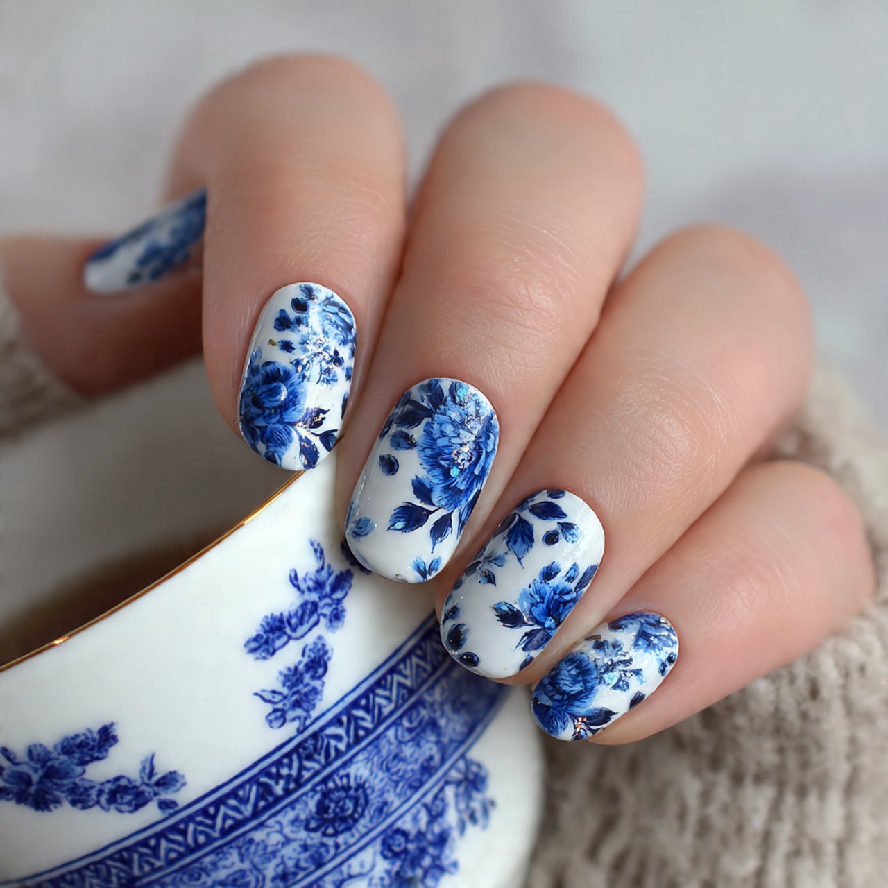 Blue and White Nails: 15 Elegant, Wearable Designs That Still Feel Fresh 2 blue porcelain floral nails
