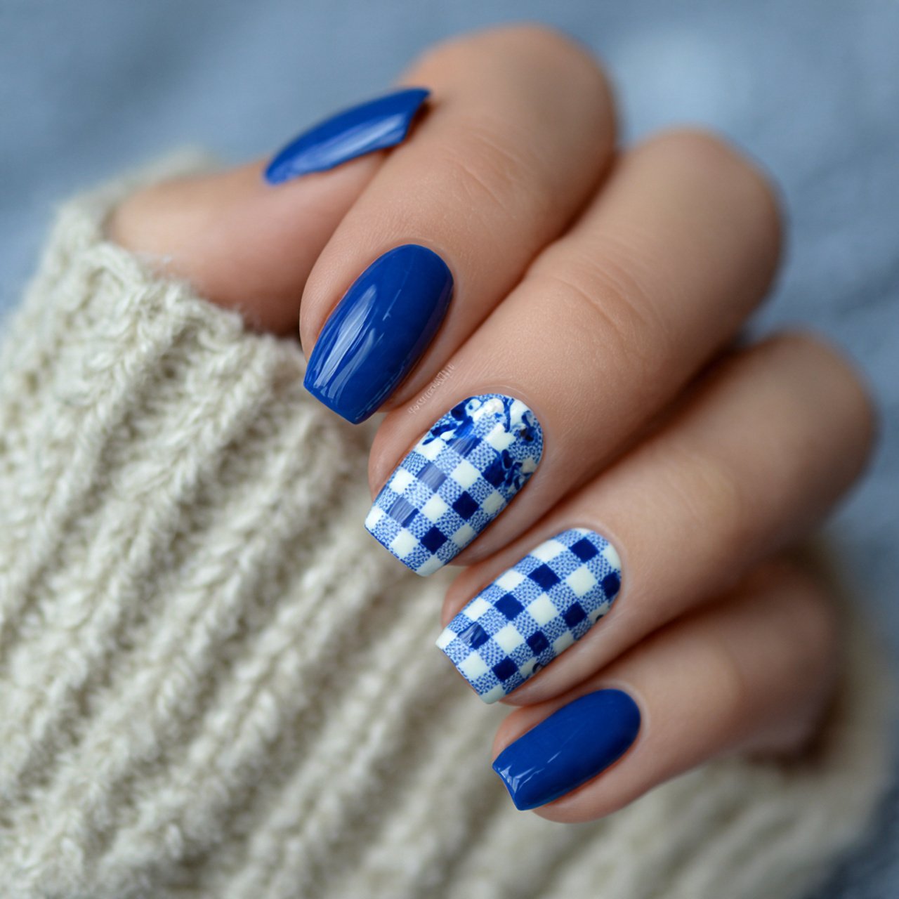 blueberry gingham accent nails