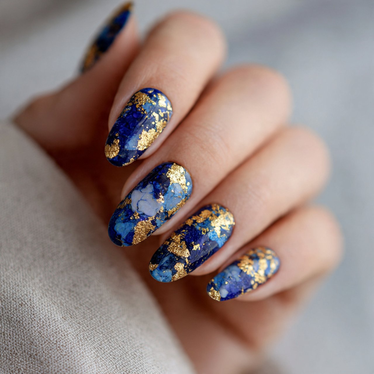 blueberry nails with gold foil details nails