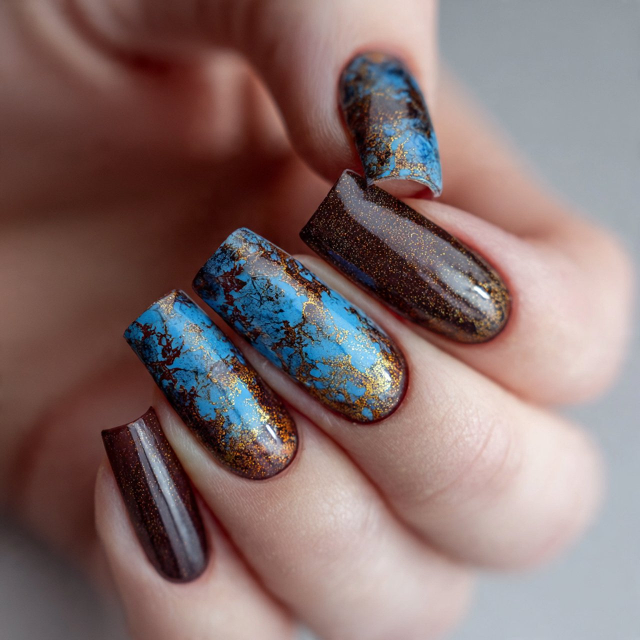 brown and blue aura nails