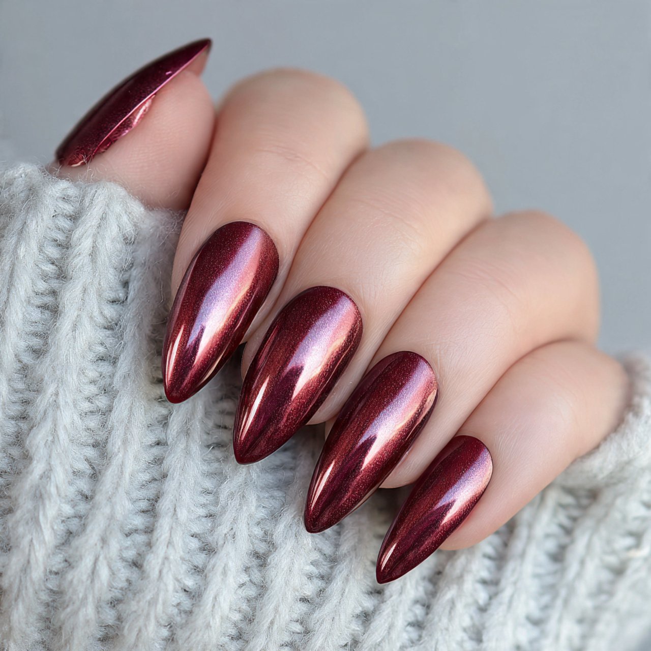 burgundy chrome almond nails