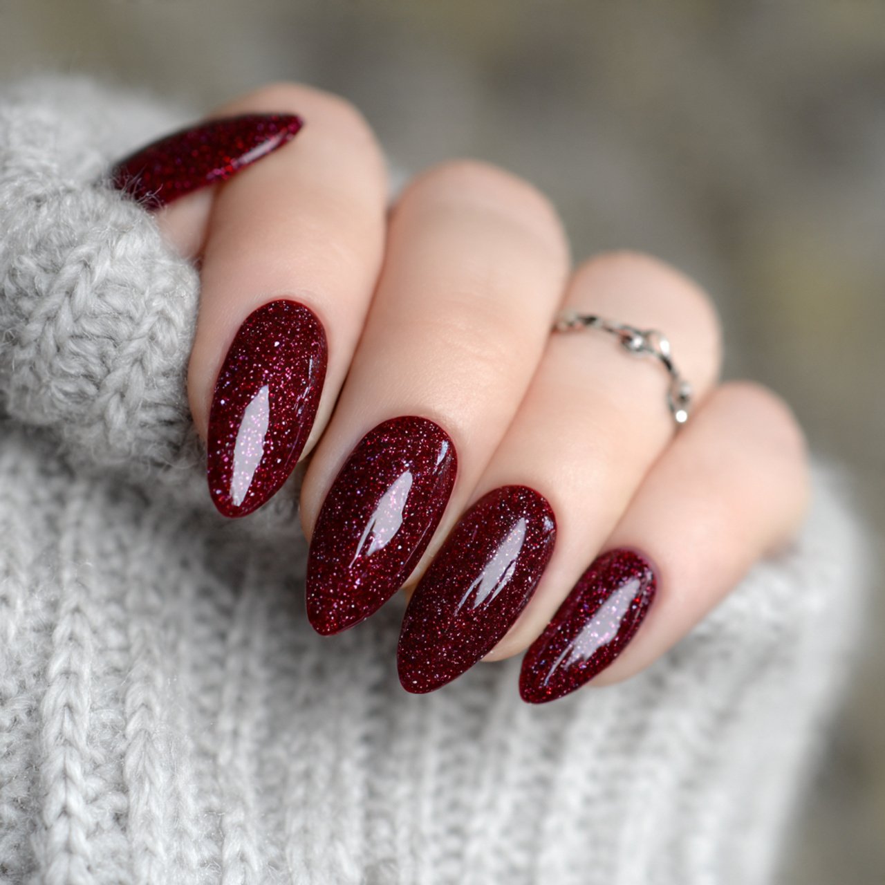 burgundy micro glitter almond nails