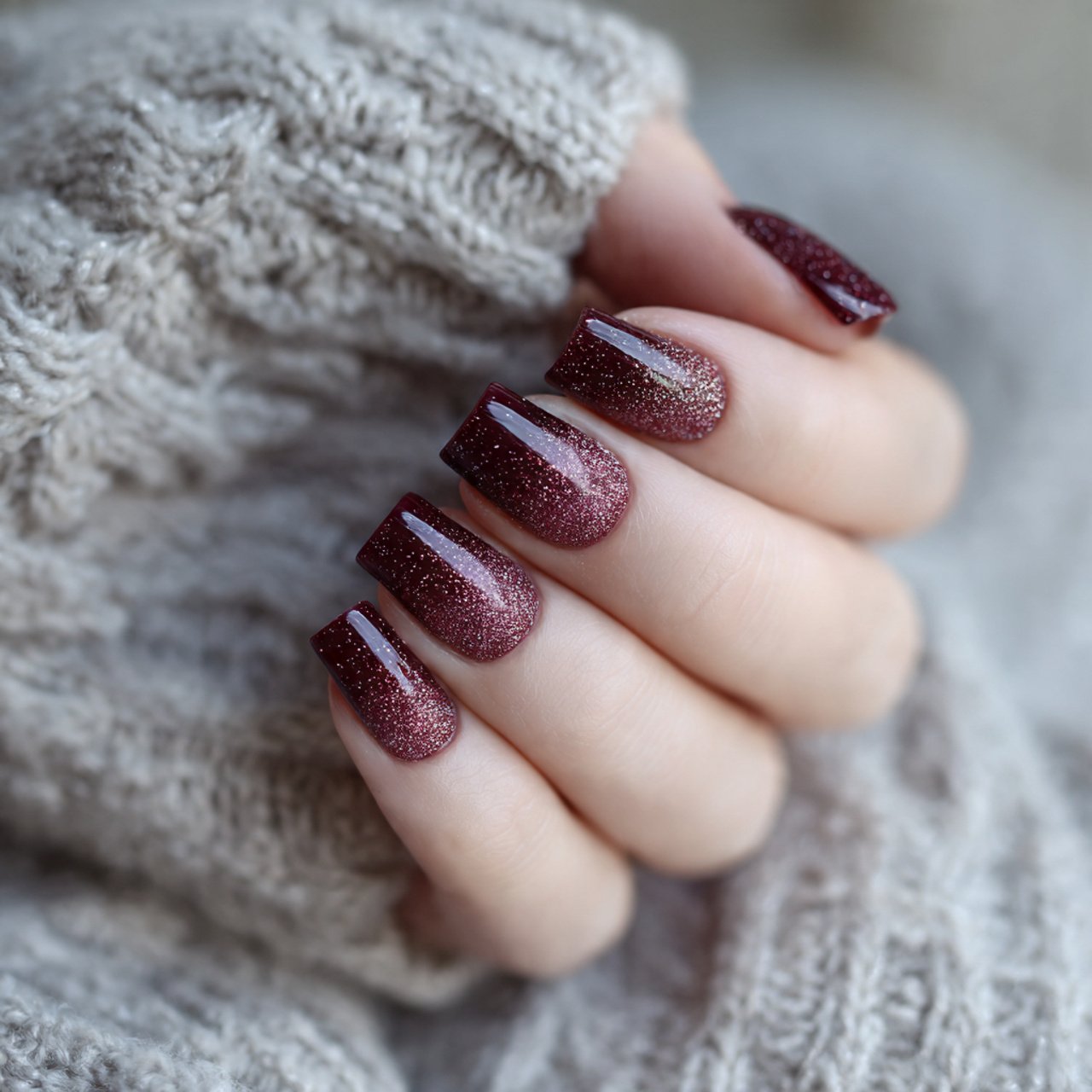 burgundy nails with a subtle glitter fade nails