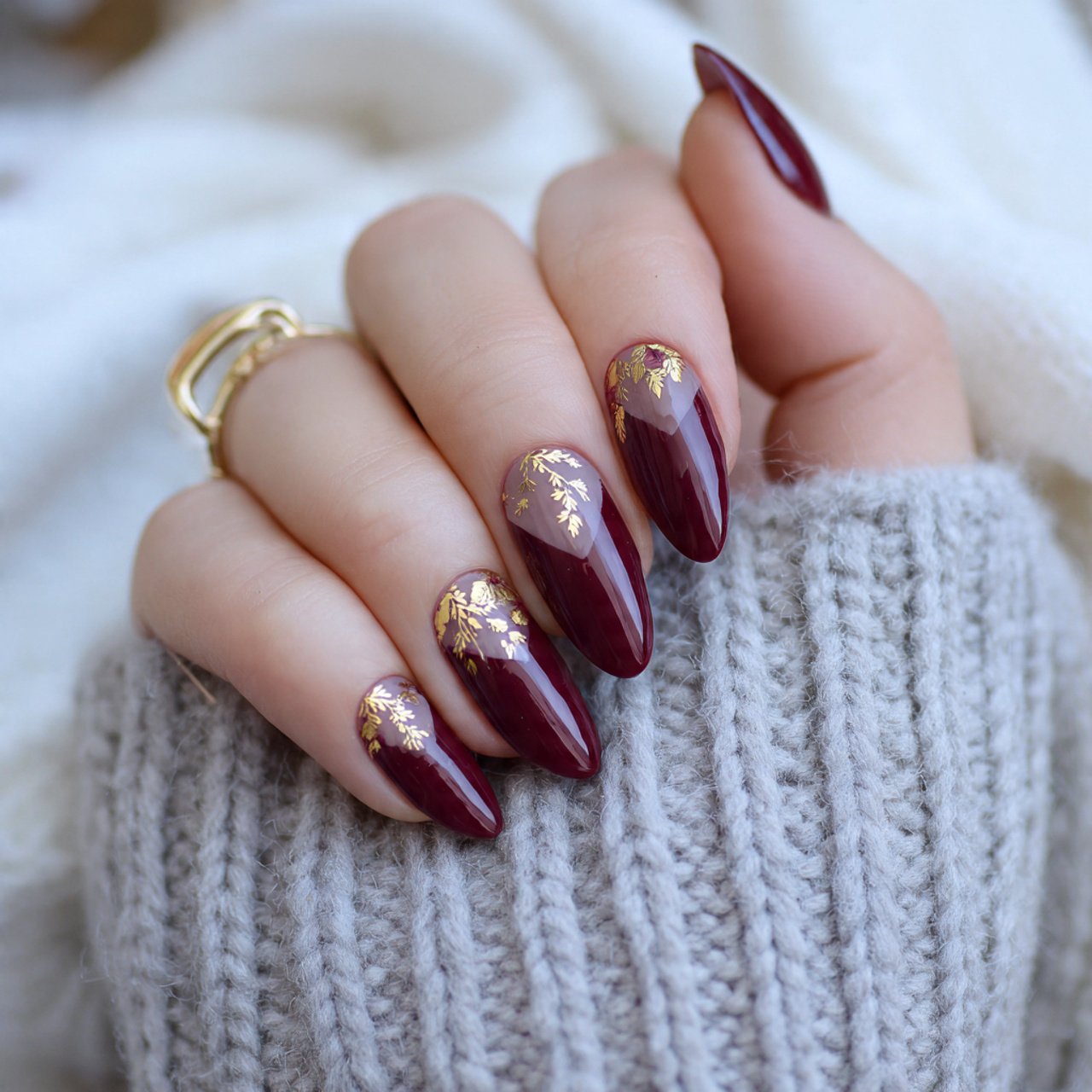 burgundy negative space almond nails