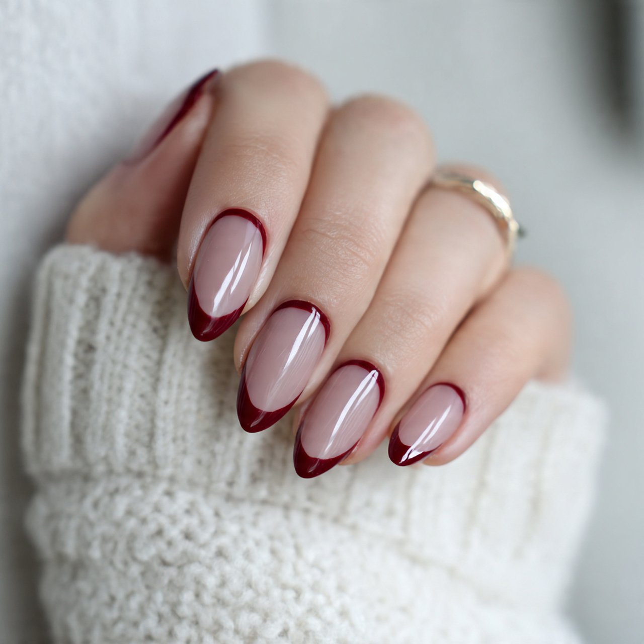 burgundy outline almond nails