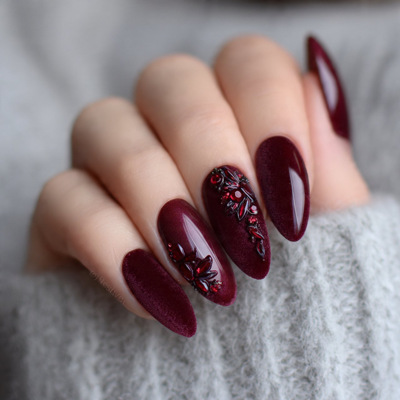 burgundy velvet cat eye almond nails
