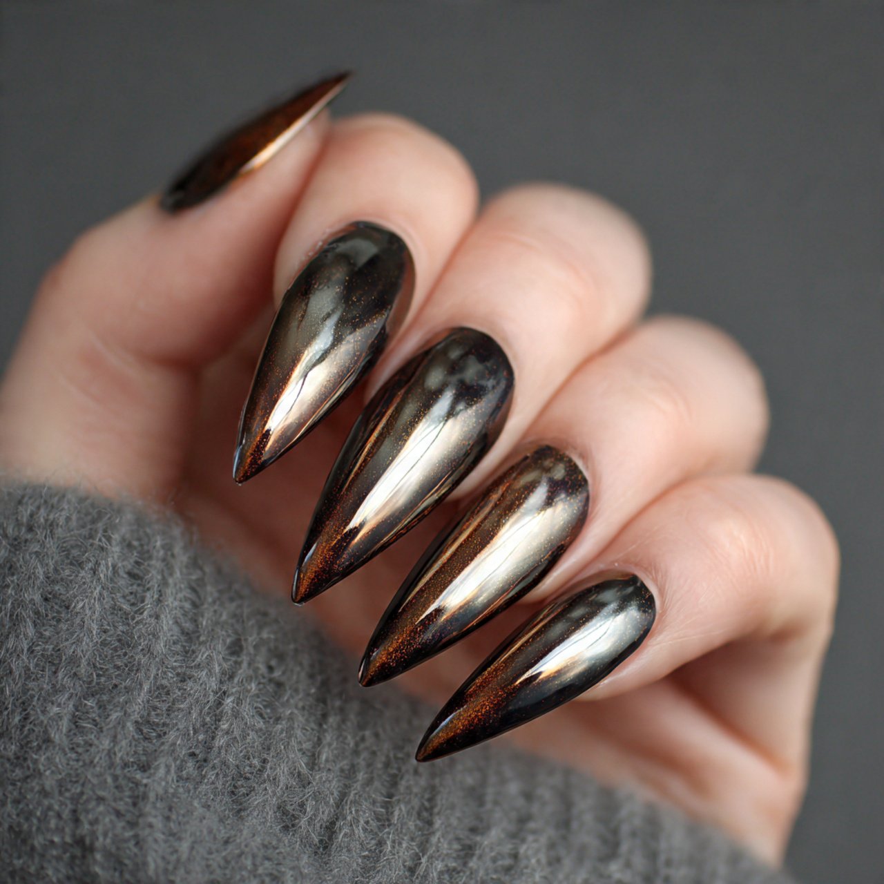 burnished bronze chrome tips nails