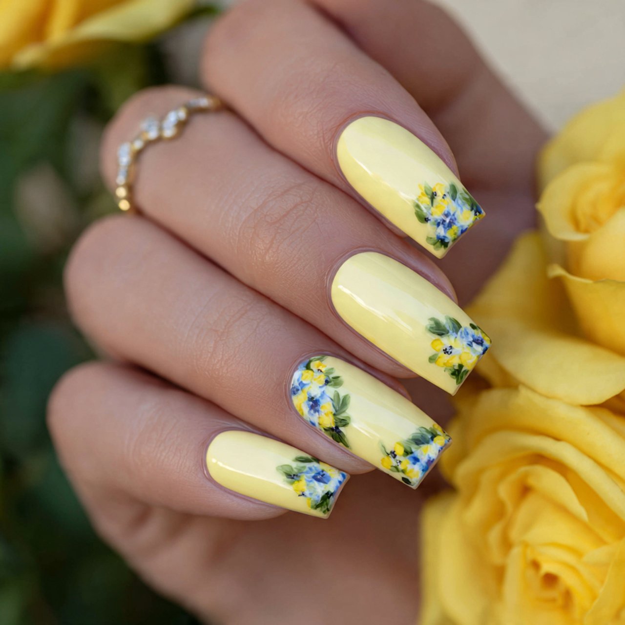 butter yellow floral french tips nails