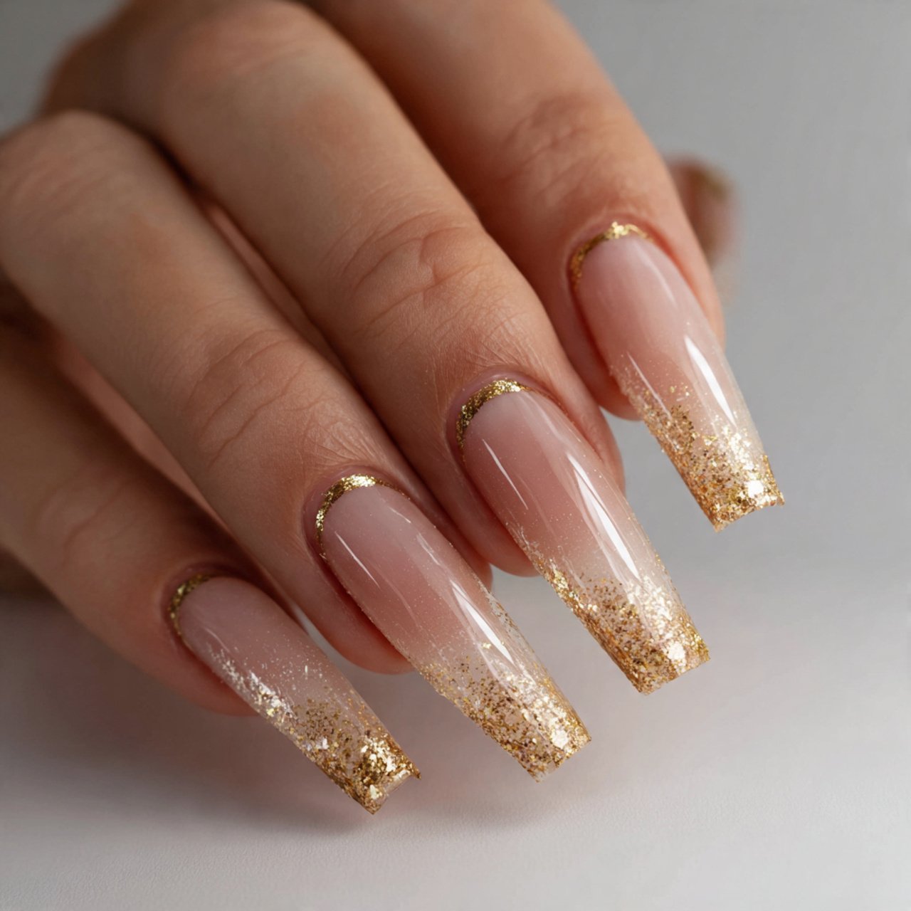 champagne shimmer tip acrylics nails