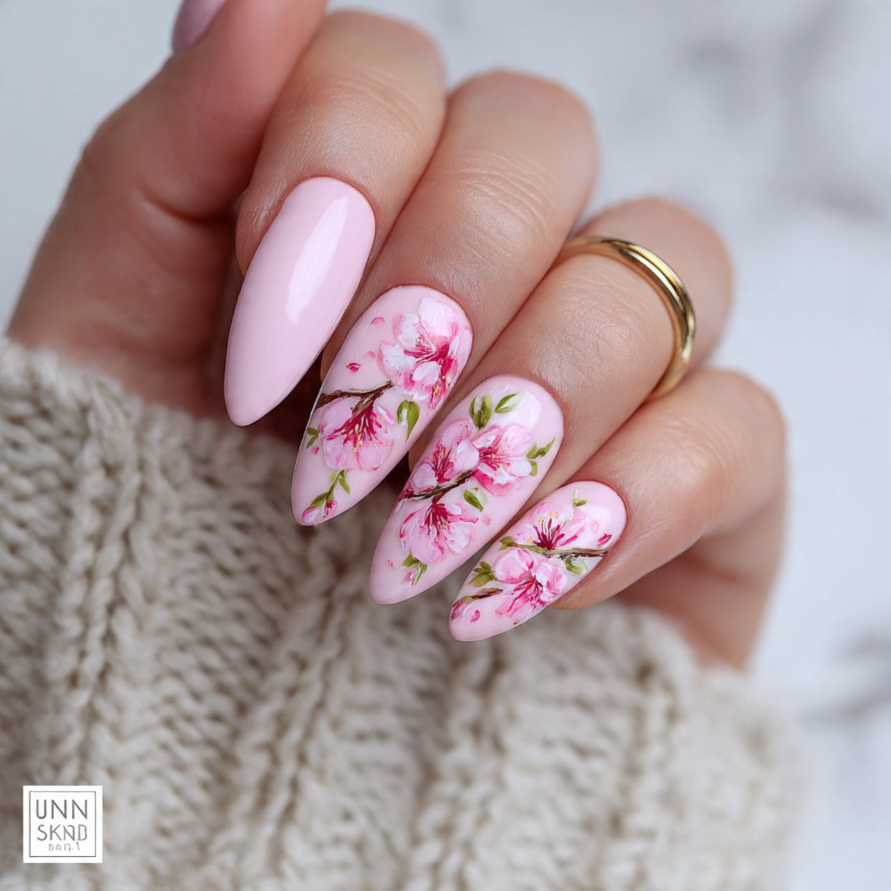 cherry blossom accent acrylic nails