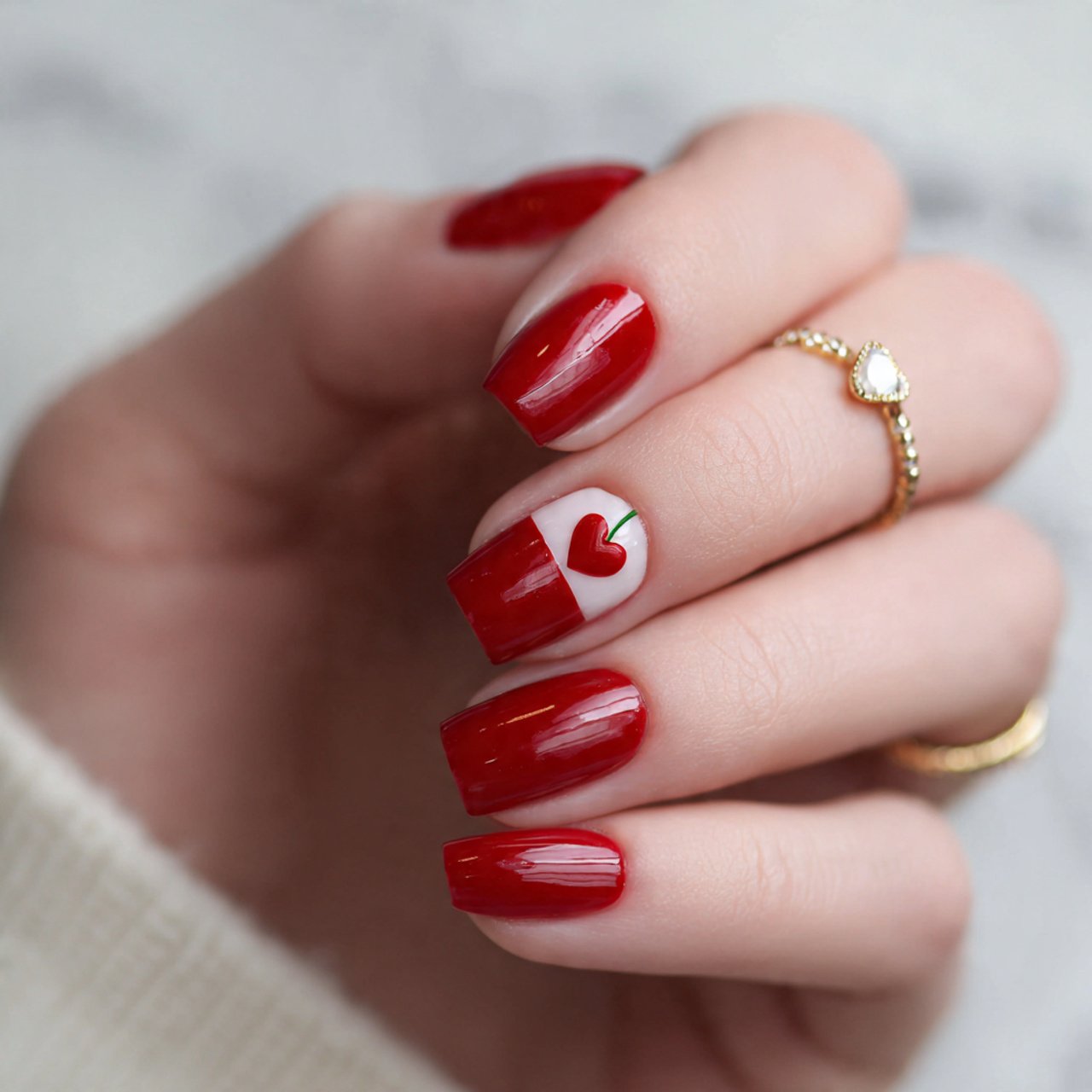 cherry red heart accent nails
