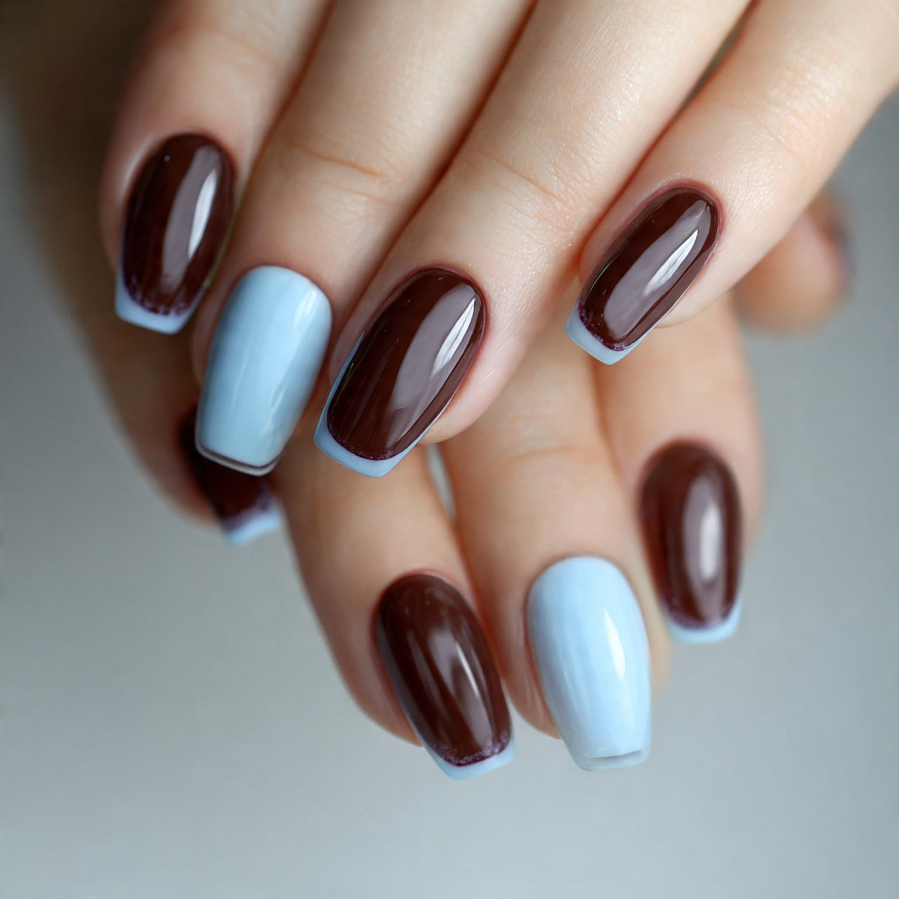 chestnut brown and icy blue double french nails