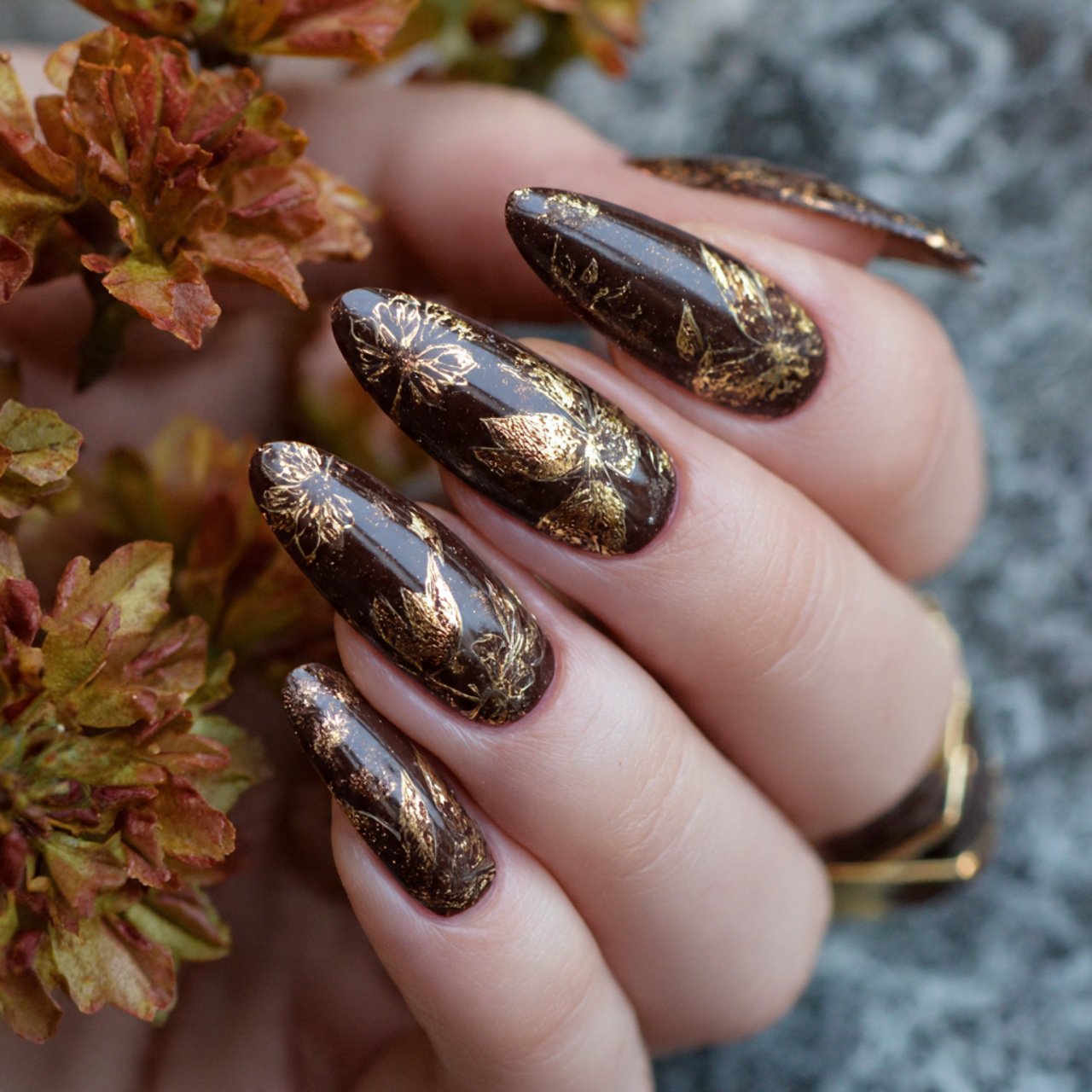 chocolate brown and gold xmas nails
