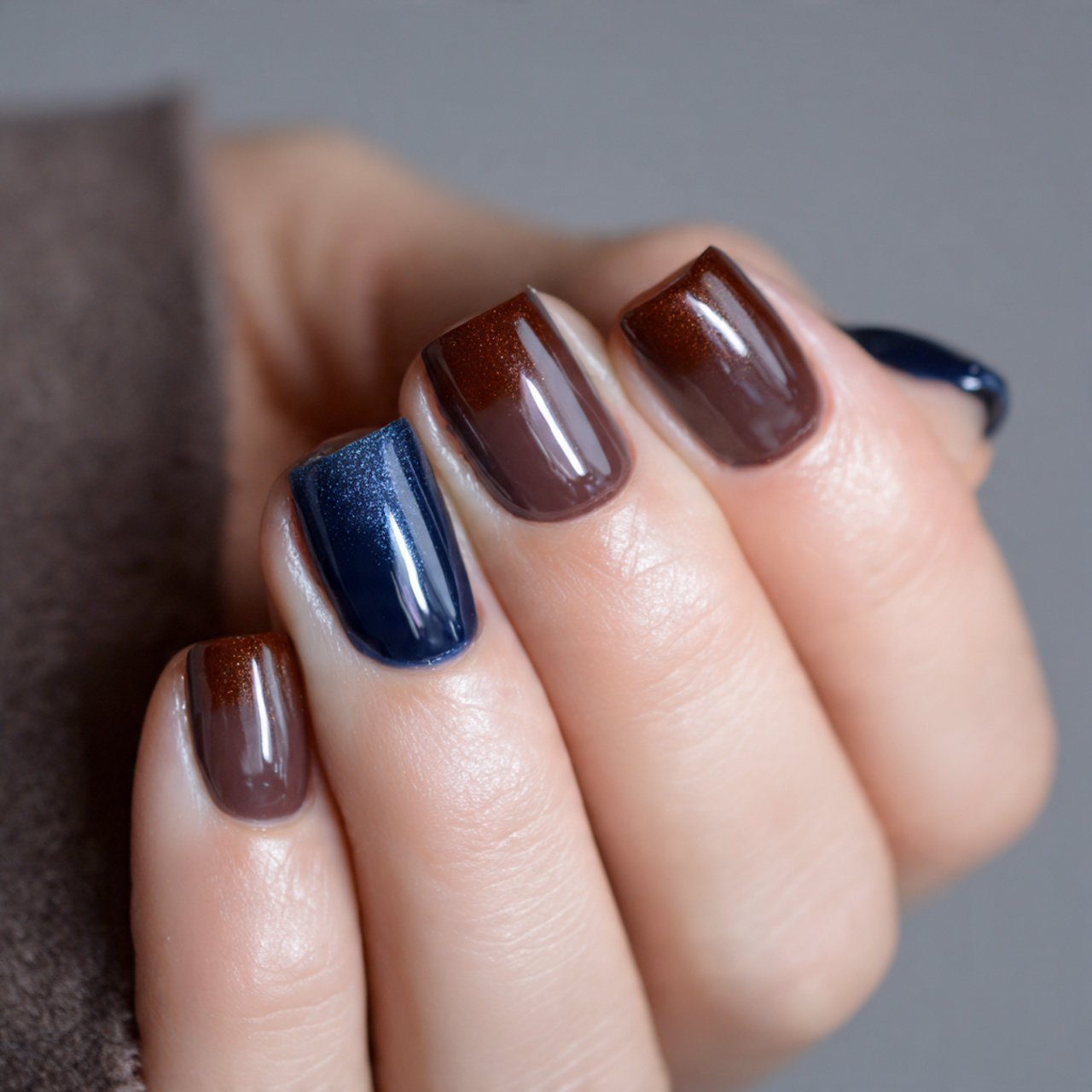 chocolate brown and navy color block nails